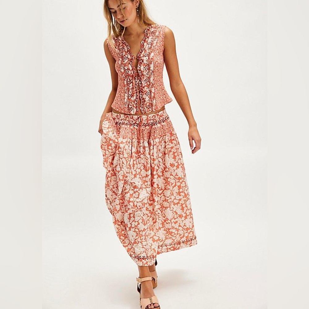 Free People Gesibelle Printed Set Pink Floral Eyelet Embroidery Tank Skirt XS